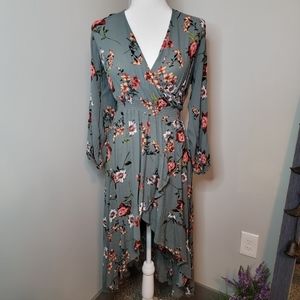 Long sleeve floral dress - LARGE - blue green - assymetrical high low